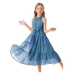 Grace Karin Girls Sleeveless Blue A-Line Flowy Swiss Dot Lined Halter Dress 12Y